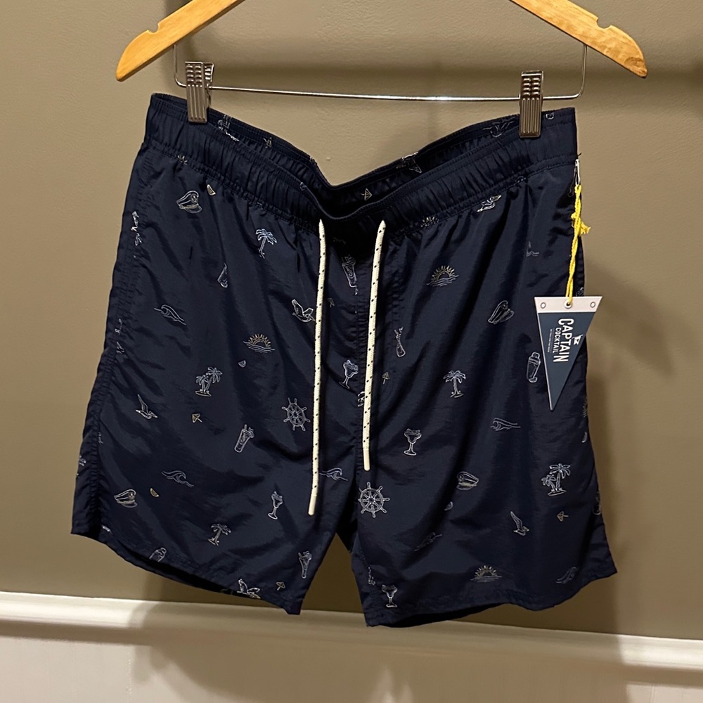 Men's Navy Swim Trunks with Nautical Motif and Drawstring